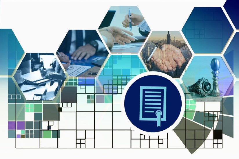 A background of grids in various sizes is overlayed with images in hex shapes of individuals hands in various business poses and the final image seems to be two chess pieces. There is a circle with a clipart graphic of a certificate in the lower right quadrant of the image.