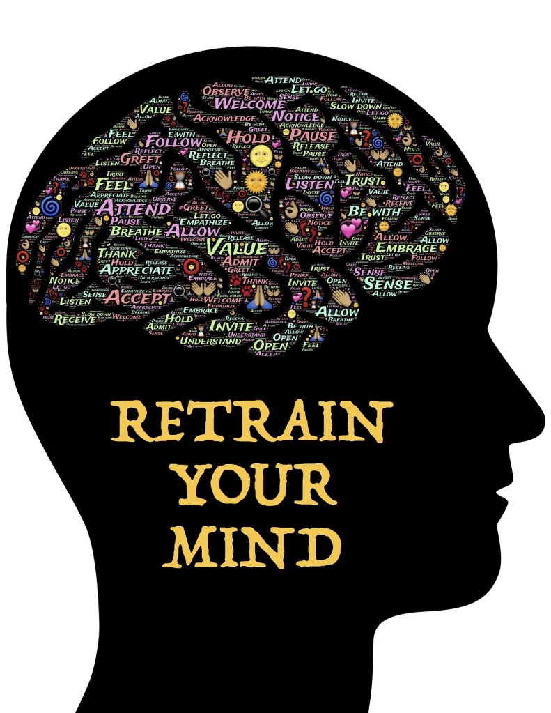 Dark silhouette of a human head as colorful words (attend, allow, value, listen, pause, release, hold, follow, greet, trust, be with, embrace, sense, invite, open, allow, appreciate, accept, etc.) are shaped to resemble the human brain's gyri and sulci. In large letters "Retrain your mind" is visible on the silhouette.