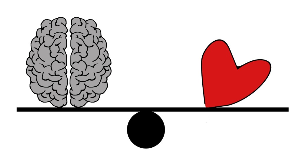 An illustration of a gray brain (2 lobes) on the left of a balanced beam (level line over a circle) with a red heart at opposite end (right side).