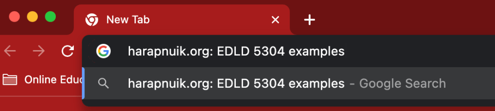 Screenshot of google search bar searching for "harapnuik.org: EDLD 5304 examples" 