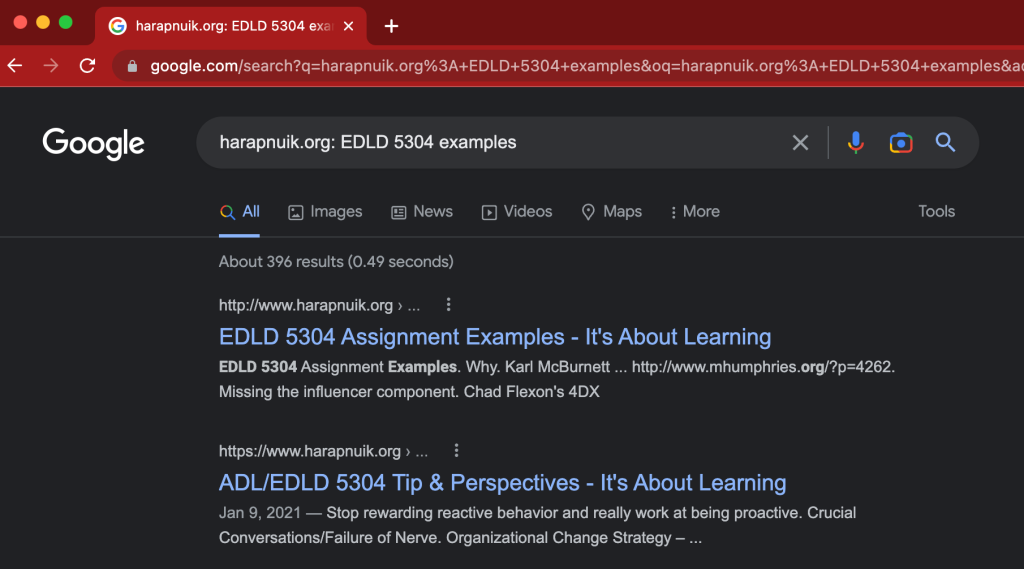 Screenshot of google search results showing EDLD 5304 Assignment Examples and ADL/EDLD 5304 Tips & Perspectives both from It's About Learning at www.harapnuik.org