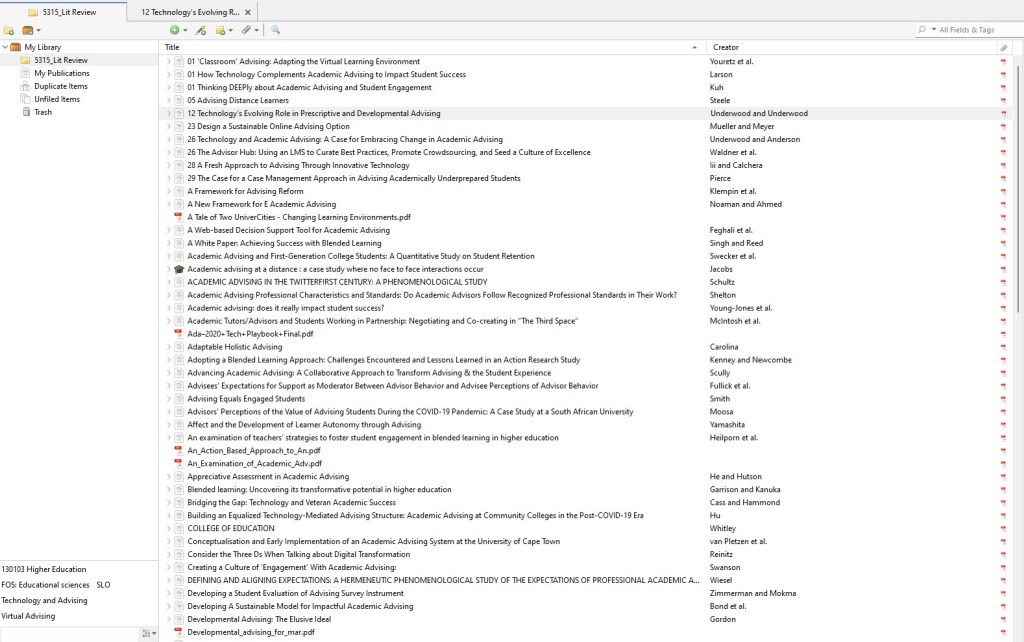 Screenshot of zotero organizing software for research sources.