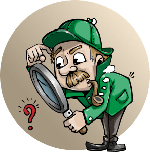 Cartoon male detective wearing a green jacket and hat, holding a magnifying glass, scratching his head while examining a red question mark.