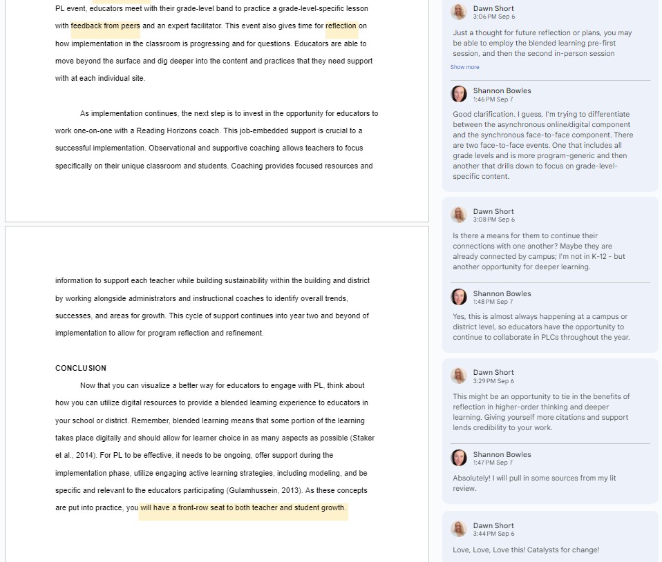 Screenshot of Google Doc sharing/comments of Shannon's feed forward, questions, and suggestions to me.