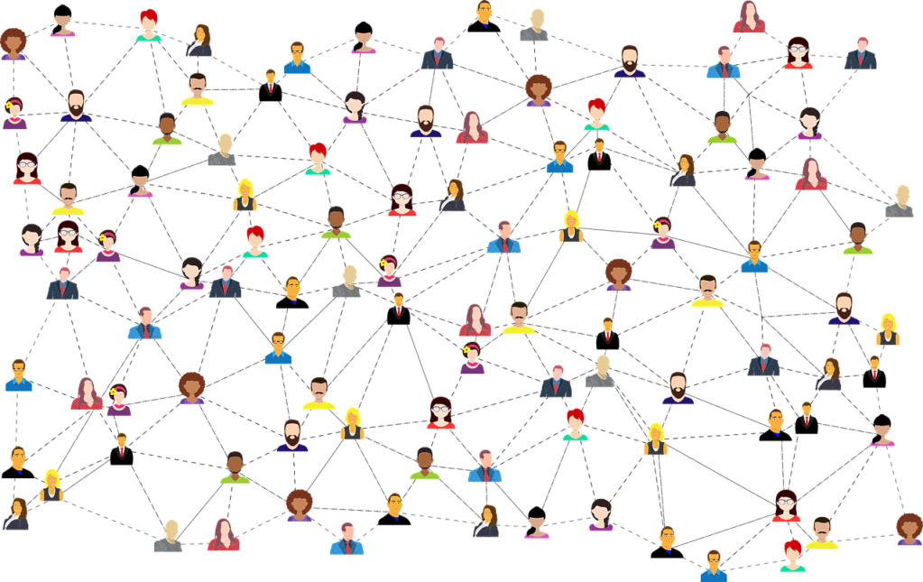 Cartoon headshots of various individuals with dotted lines connection them with description of social media, connections, networking.