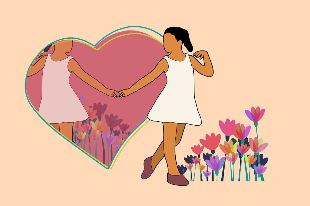 A silhouetted young lady is turning back to a reflection of herself within a heart shaped pink mirror. The girl is wearing a white dress and is standing to next to colorful flowers of various heights. 